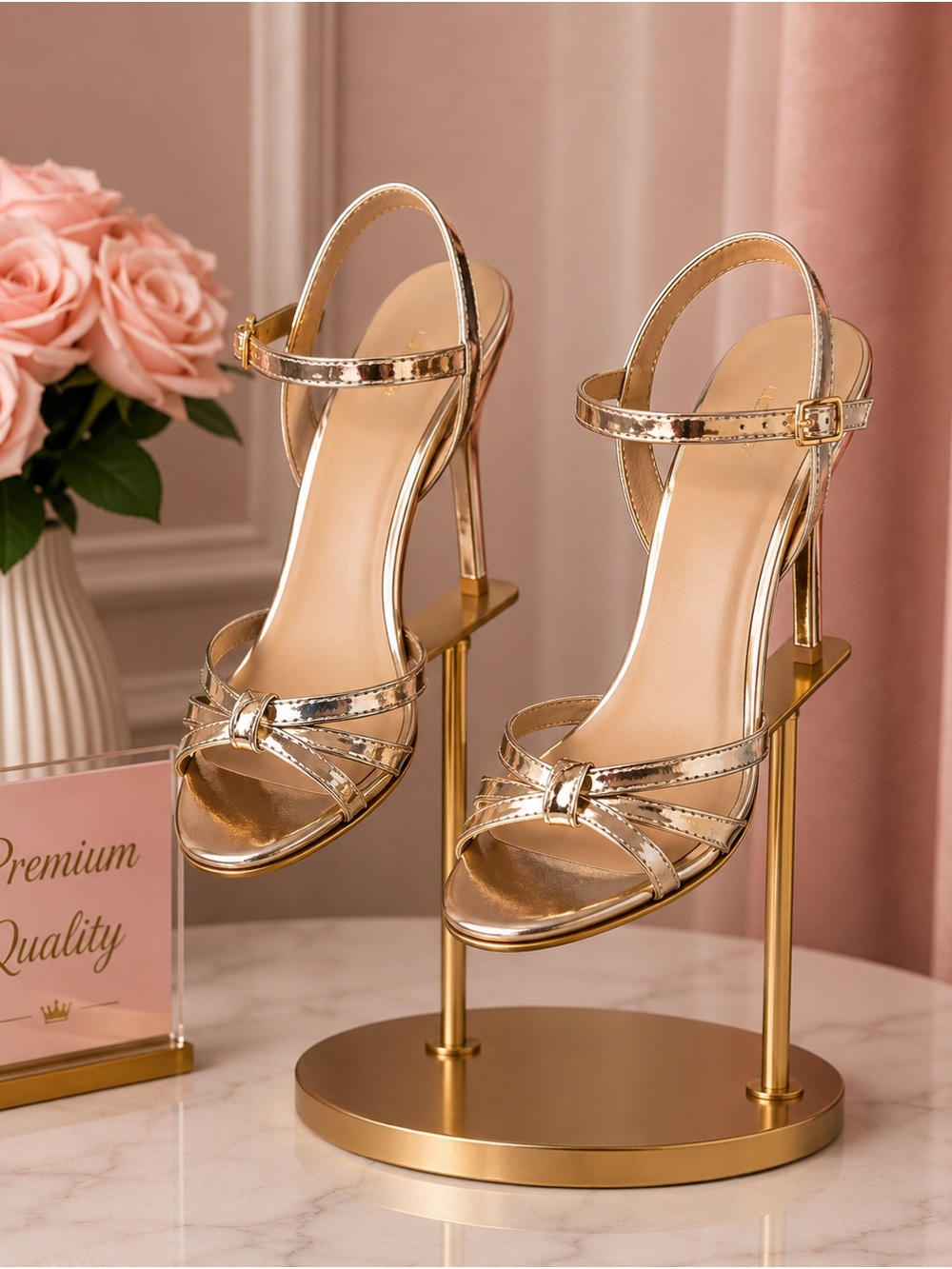 Metallic Gold Strappy High Heel Sandals - Women